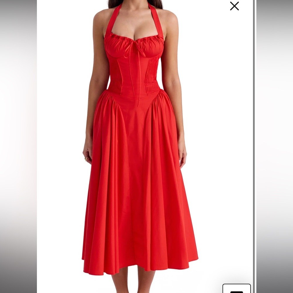 House of CB Red Pleated A-Line Midi Skirt